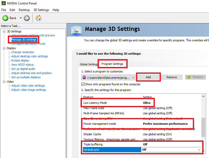 Nvidia control panel settings screenshot.